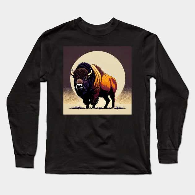 A wild bison in a field Long Sleeve T-Shirt by Wiboonsak